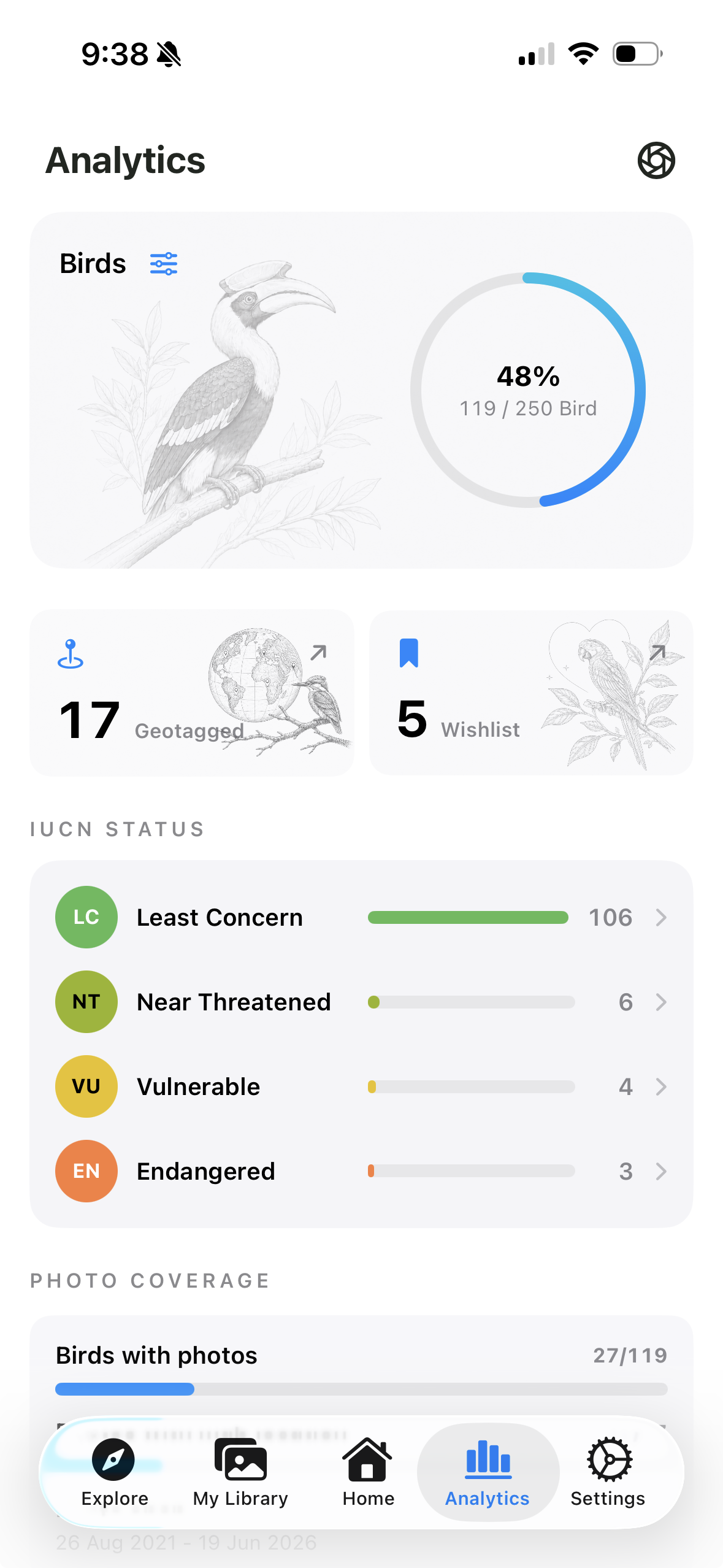 MyBird analytics showing birding progress and IUCN status